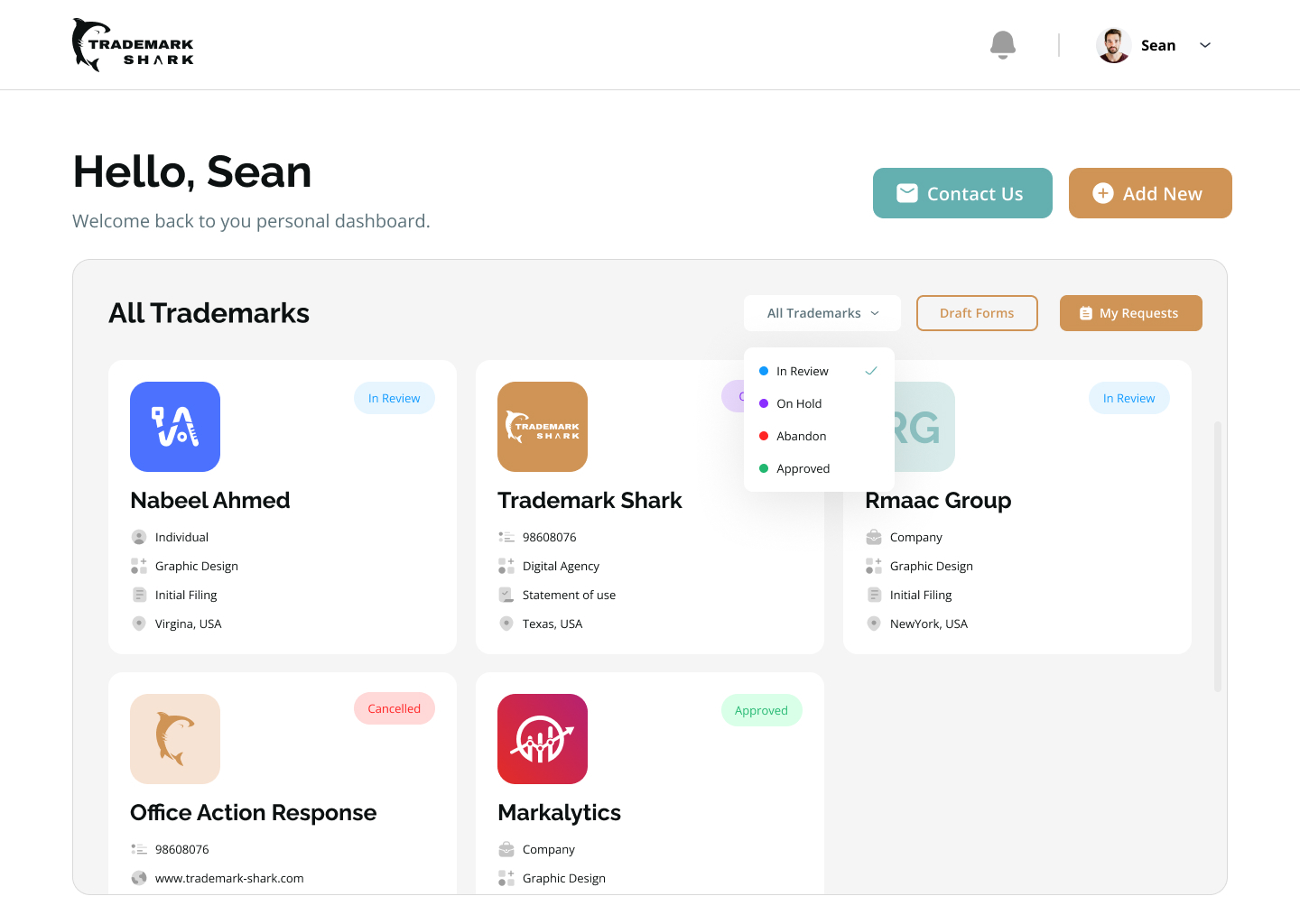Snapshot of Trademark Search Software Dashboard Functionality